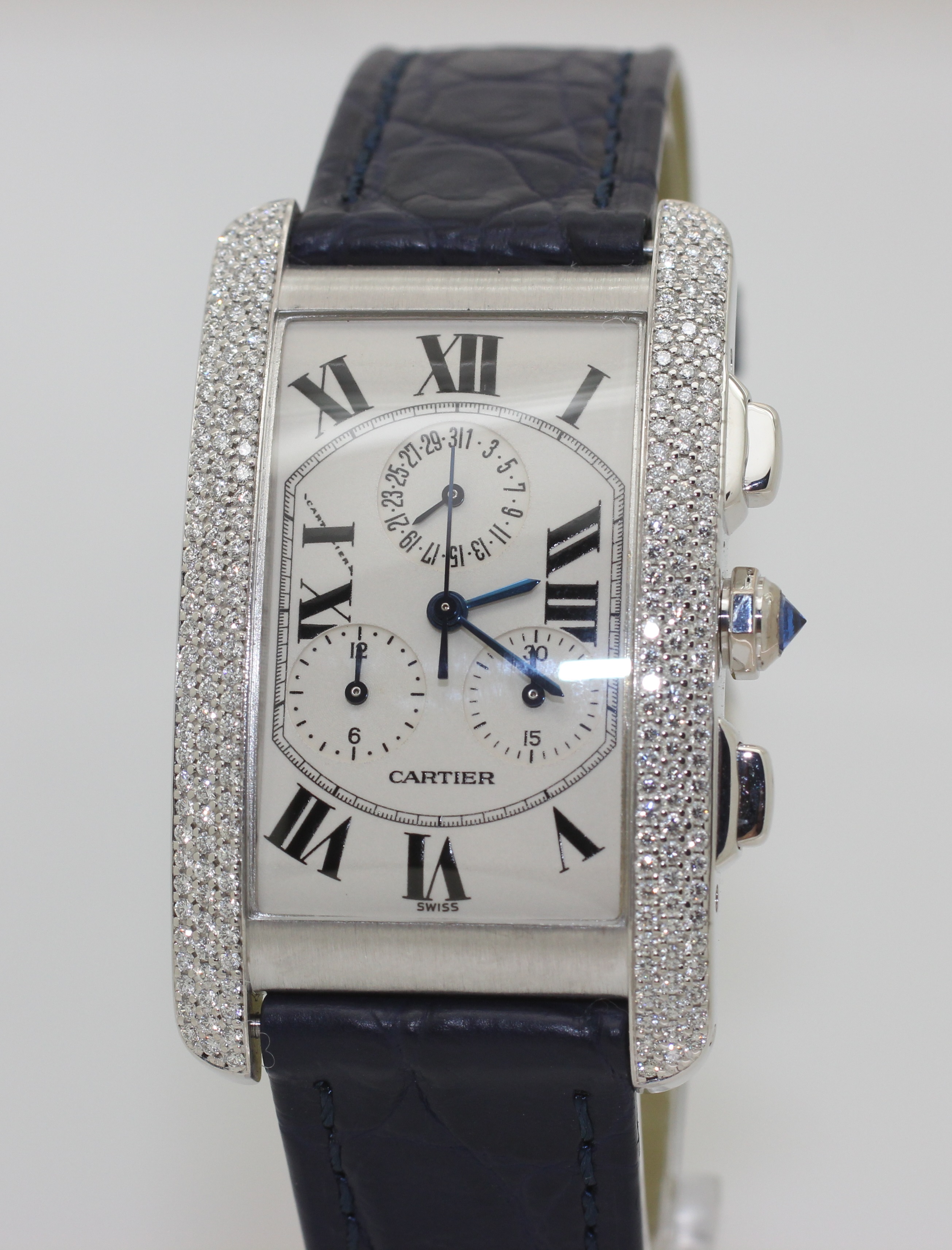 Mens 18K White Gold Diamond Cartier Tank Americaine Chronograph 2312 Box & Paper